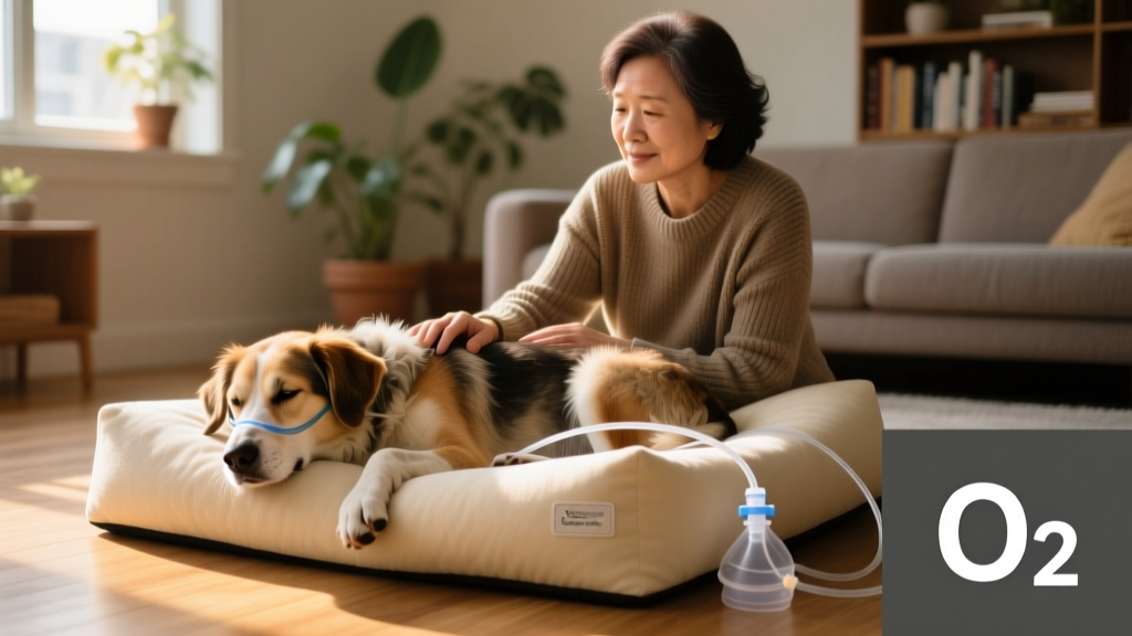 Dog resting comfortably on a soft bed with oxygen tubing nearby, supervised by owner