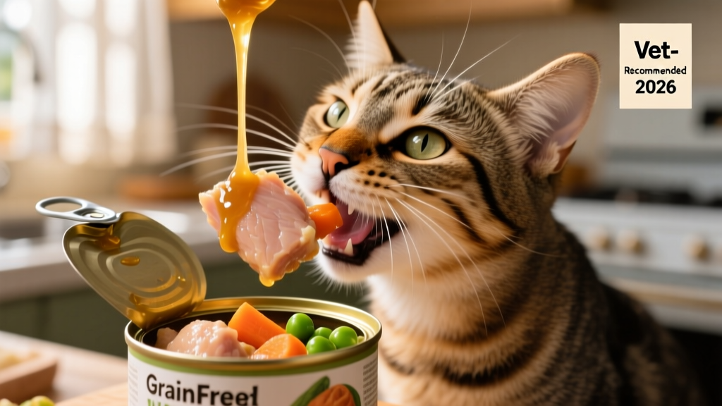 A close-up of a cat happily eating from an open can of grain-free wet food with visible chunks of chicken and vegetables in rich gravy