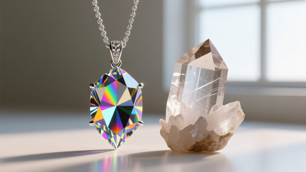 Macro view of a Swarovski lead glass pendant next to natural quartz, highlighting differences in light dispersion and facet edges