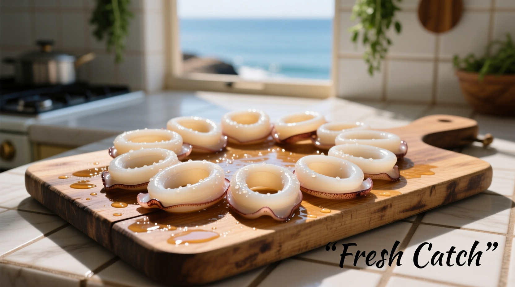 Fresh calamari rings on wooden cutting board