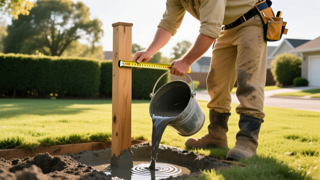 Contractor measuring wooden fence post depth with a tape measure while pouring concrete footing in a sunny suburban backyard