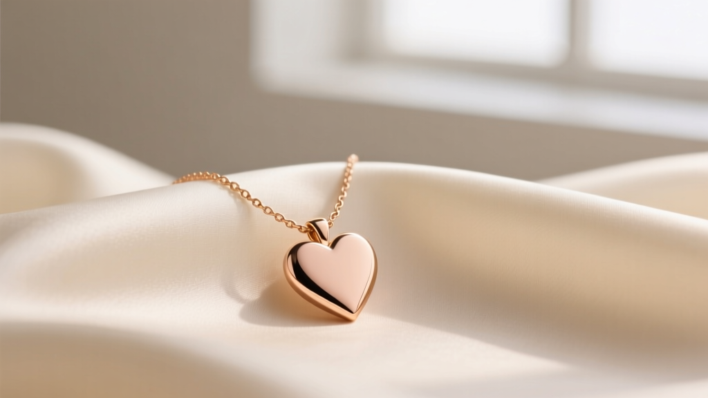 Close-up of a delicate 14k rose gold necklace with a solid heart pendant resting on a soft cream silk fabric in natural light