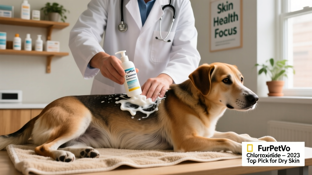 Veterinarian demonstrating proper lather-dwell technique using FurPetVo Chlorhexidine shampoo on a dog's flank