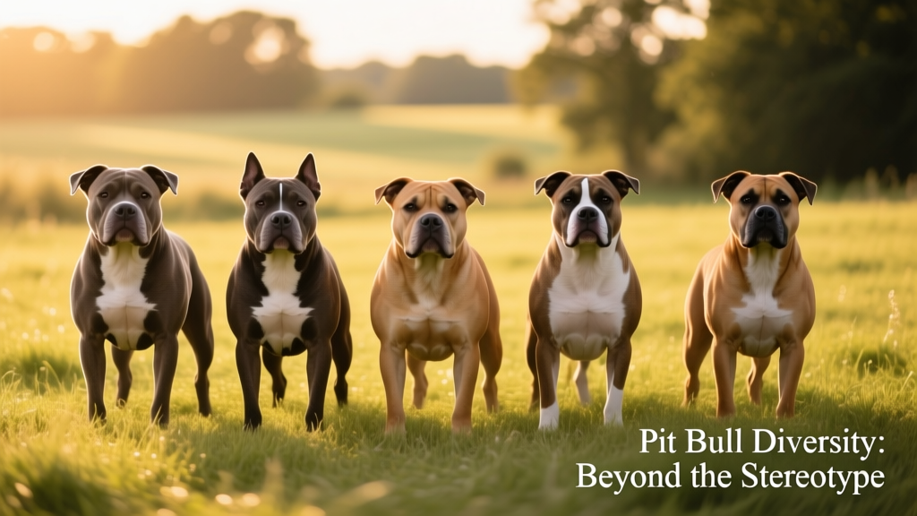Five Pit Bull-type dogs standing side by side on a sunlit grassy field, showcasing their varied sizes and builds