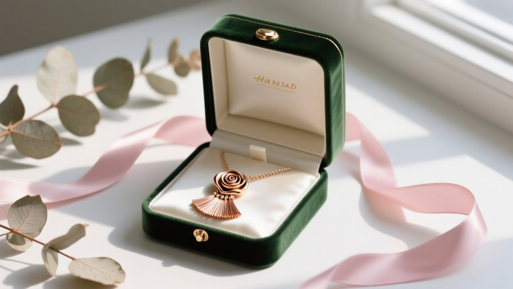 Open velvet box displaying a rose gold pendant with a micro necklace skirt tassel, surrounded by dried eucalyptus and satin ribbon