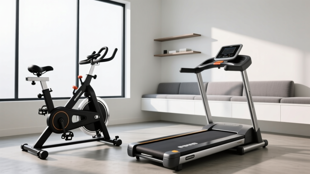 Side-by-side comparison of a magnetic resistance spin bike and a folding treadmill in a modern home gym setting