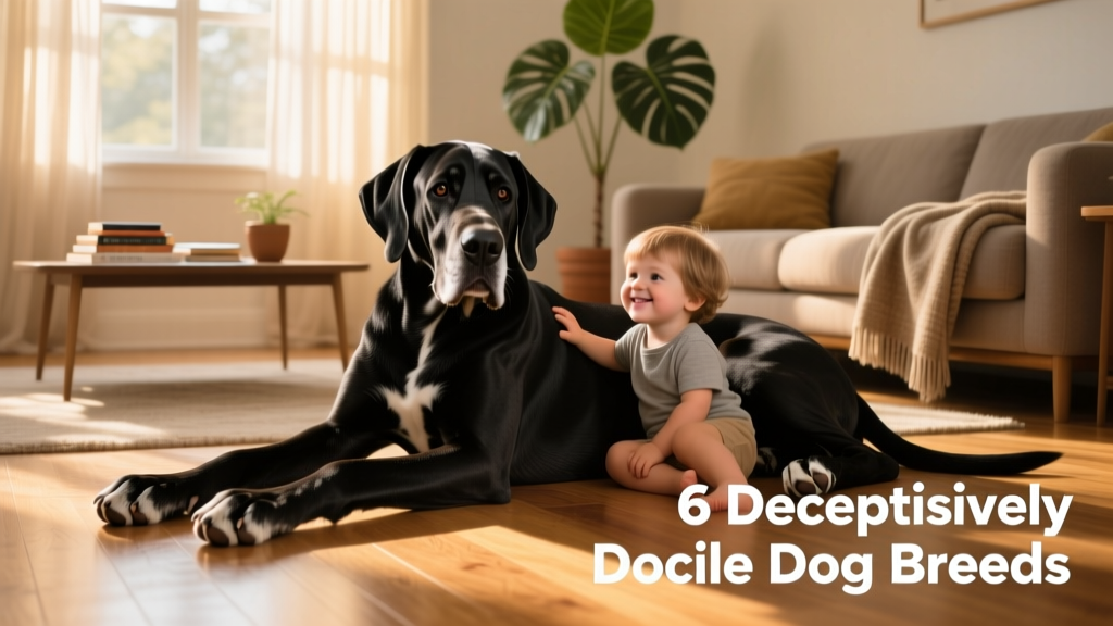 A calm Great Dane resting beside a child on a sunlit living room floor