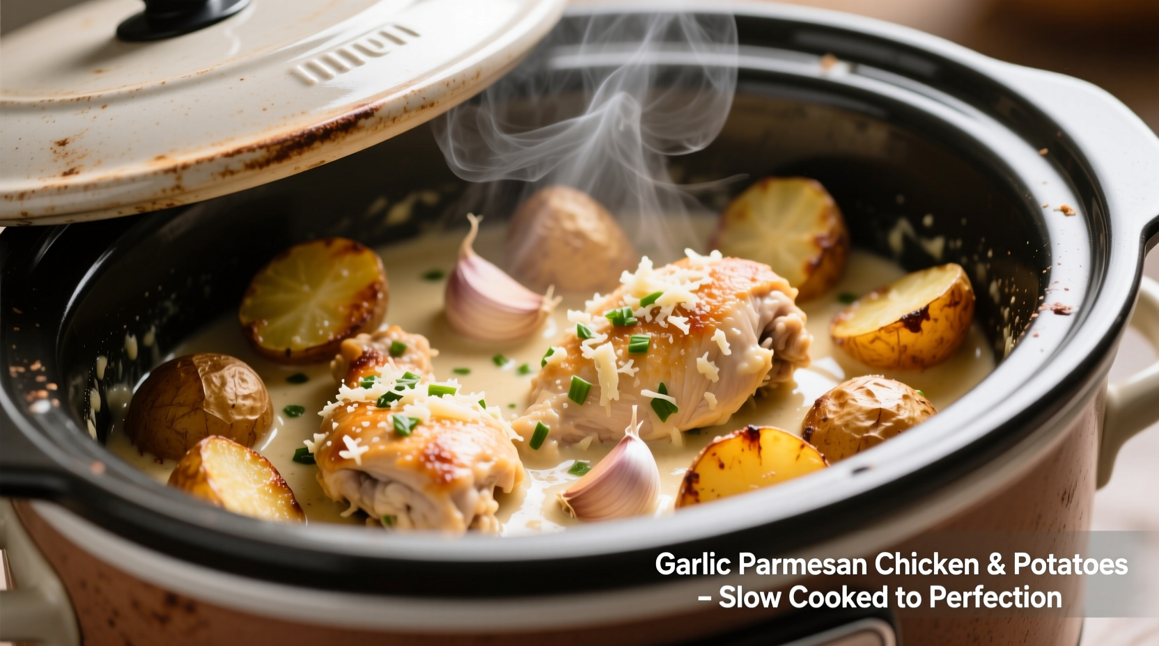 Slow cooker with garlic parmesan chicken and potatoes