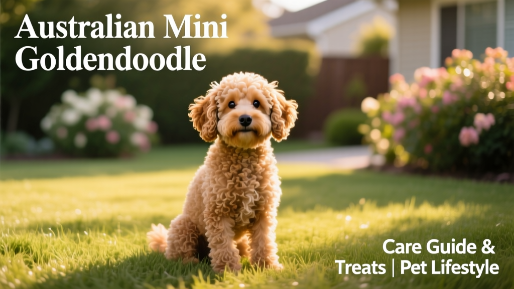 A smiling, curly-coated Australian Mini Goldendoodle sitting on a sunlit grassy lawn, looking alert and friendly