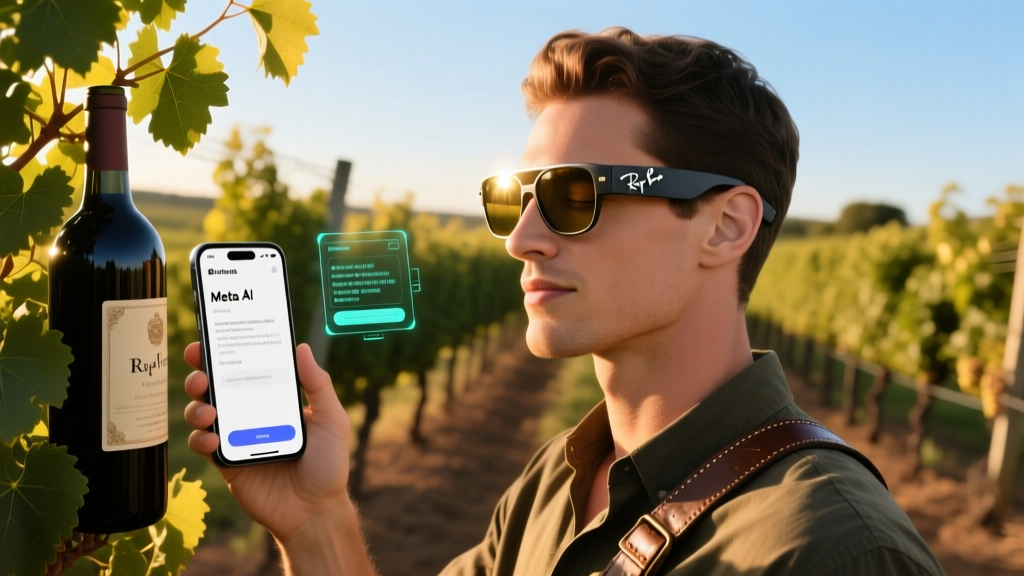 Wearer of Ray-Ban Meta smart glasses scanning a wine label in a sunny vineyard while checking the Meta AI app on a smartphone