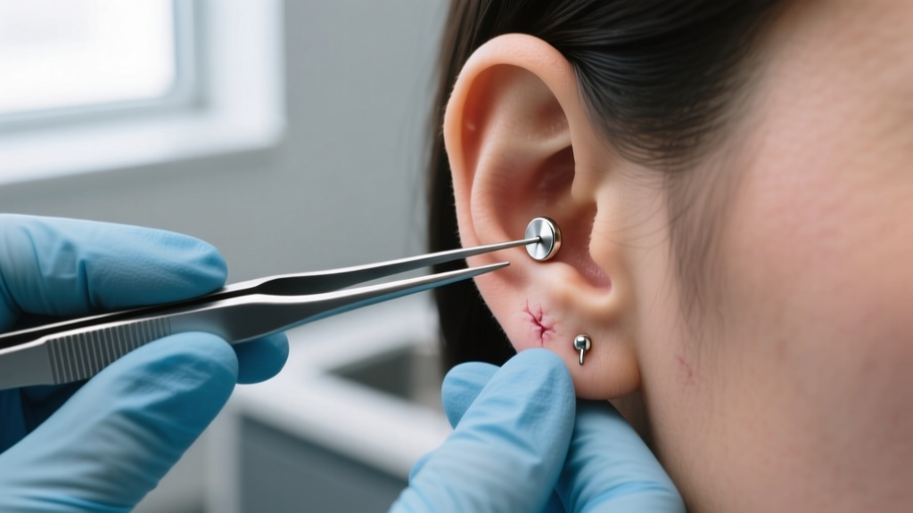 A professional piercer using sterile forceps to insert an implant-grade titanium flat-back earring into a healed conch piercing.