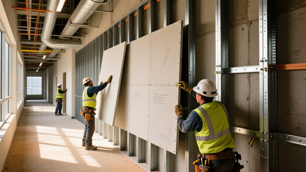 Commercial construction site showing workers installing large fiber cement panels over metal studs in a fire-rated corridor shaft wall