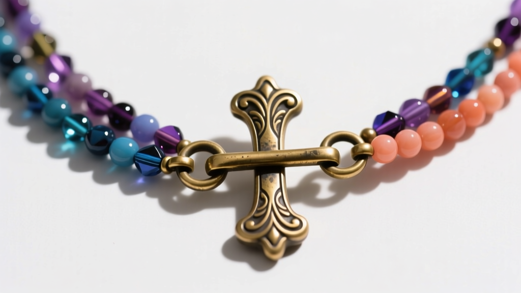 Overhead view of an antique brass toggle clasp securing a beaded LARP necklace, highlighting the secure T-bar mechanism.
