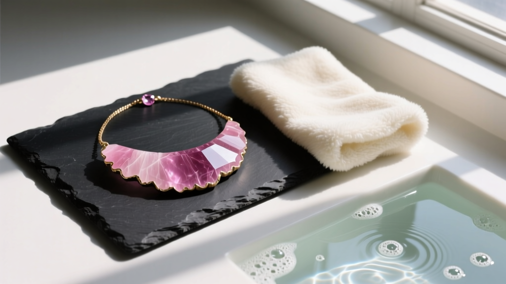 Flat lay of a raw rhodonite slice necklace beside a soft microfiber cloth and mild soapy water on a dark slate surface.