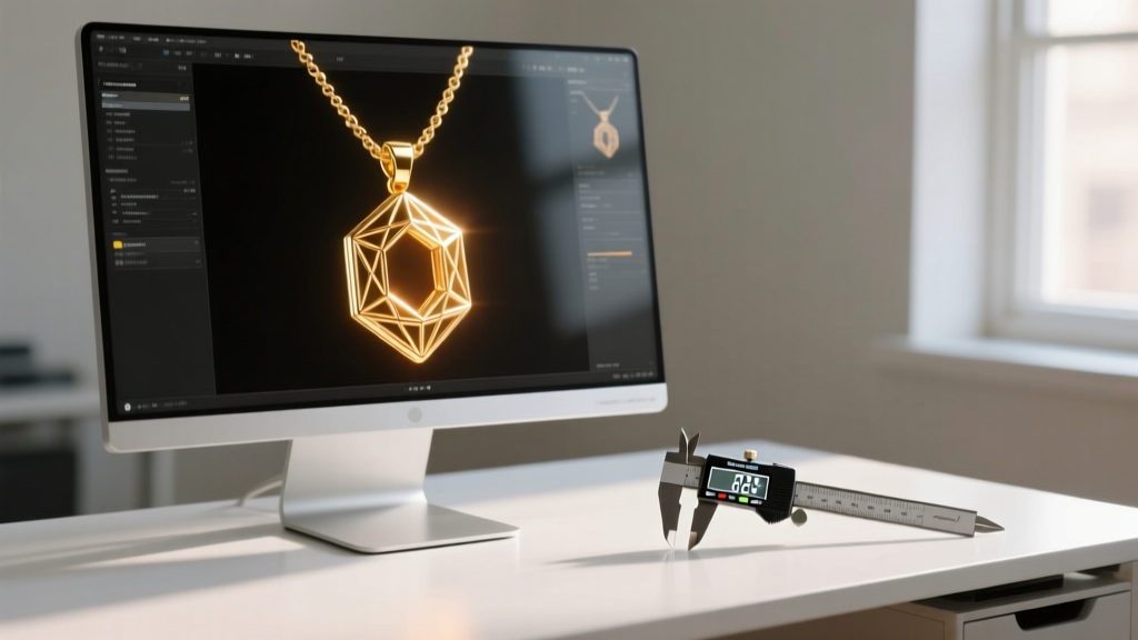 Close-up of CAD software displaying a 3D wireframe of a custom gold pendant necklace next to physical digital calipers on a desk.