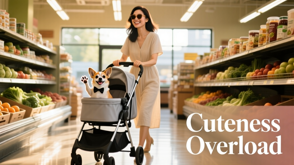 Asian woman pushing her Chihuahua in a stylish pet stroller down a brightly lit grocery aisle