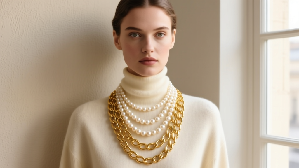 Editorial shot of a model wearing a 30-inch layered pearl and gold chain statement necklace over a soft cream cashmere turtleneck