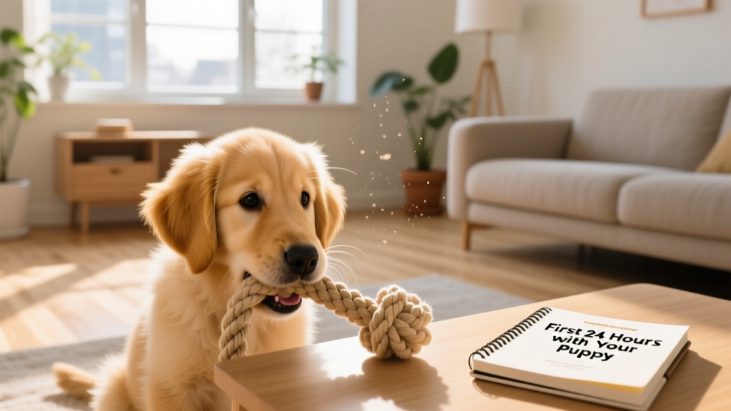 A golden retriever puppy gently chewing on a soft rope toy in a sunlit living room