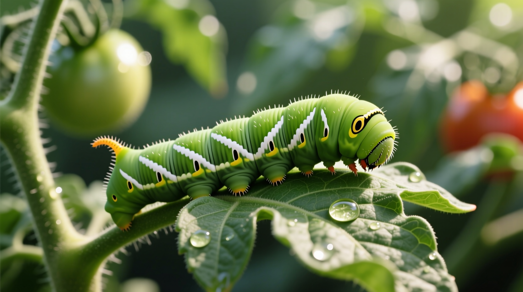Close-up of tomato hornworm on tomato plant showing distinctive white V-shaped markings