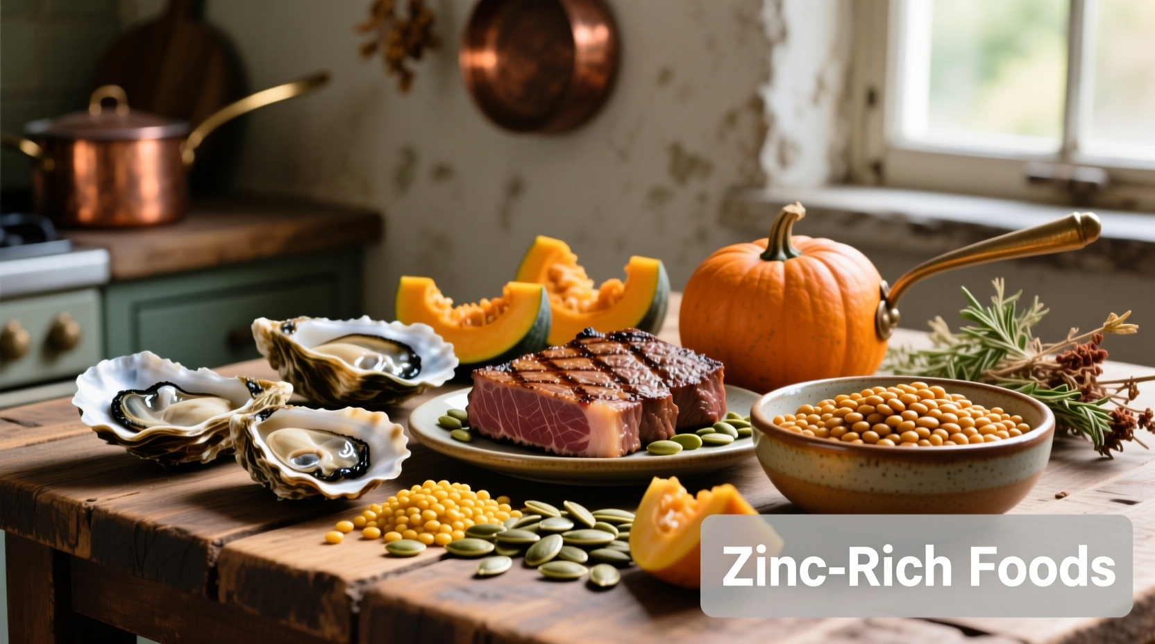Colorful assortment of zinc-rich foods including oysters, beef, pumpkin seeds, and lentils