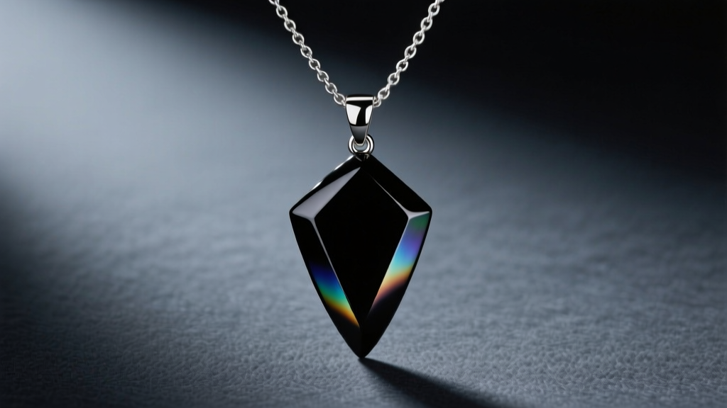 Polished black obsidian arrowhead pendant hanging on a matte silver chain in studio lighting with a dark slate background