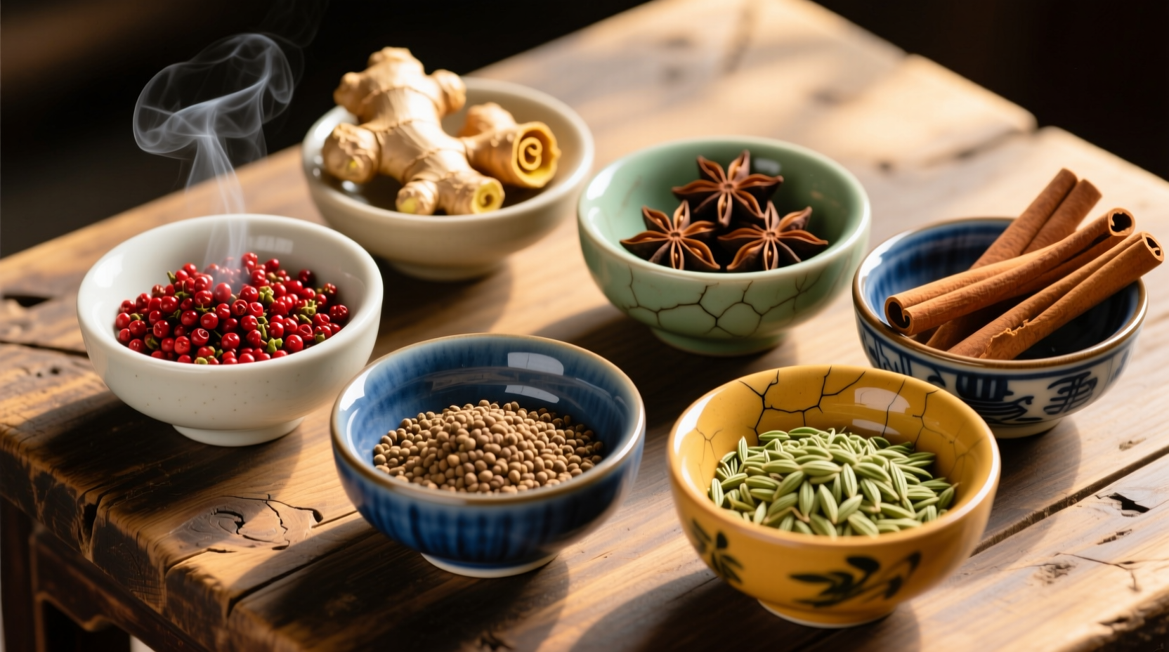 Five traditional Chinese spices in ceramic bowls