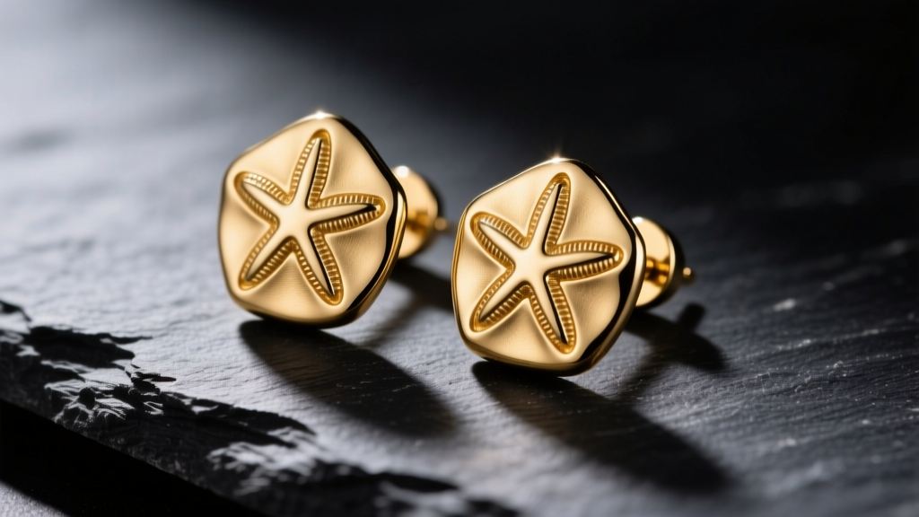 Macro shot of 14k gold sand dollar stud earrings on dark slate, showing intricate five-petal star texture and deep shadow grooves.