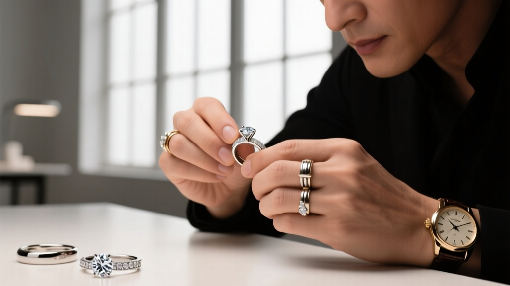 Jeweler's loupe examining a stamped 585 hallmark on the back of a European vintage gold cross necklace, with a blurred workshop.