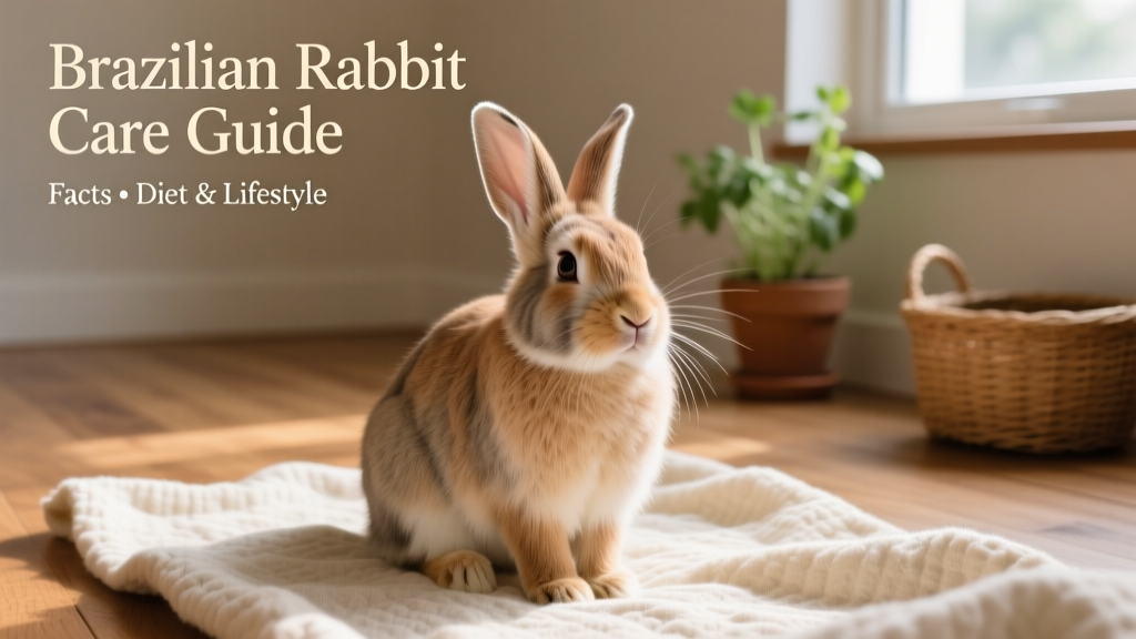 A calm, medium-sized Brazilian rabbit sitting on a soft blanket, showing its gentle expression and soft fur