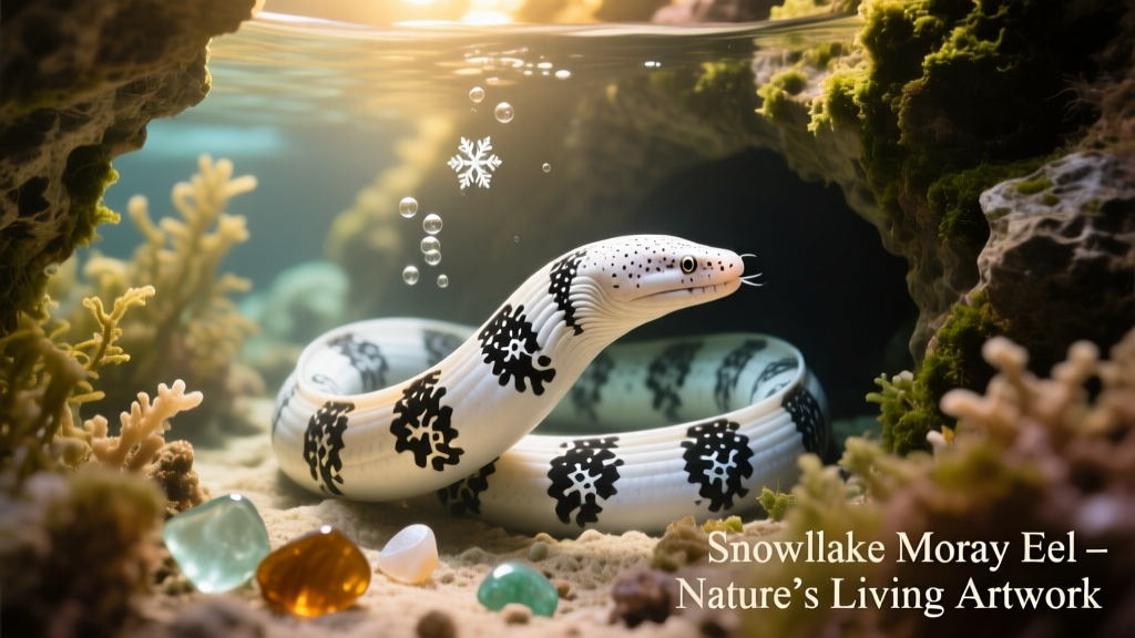 A snowflake eel resting inside a rocky cave in a saltwater aquarium