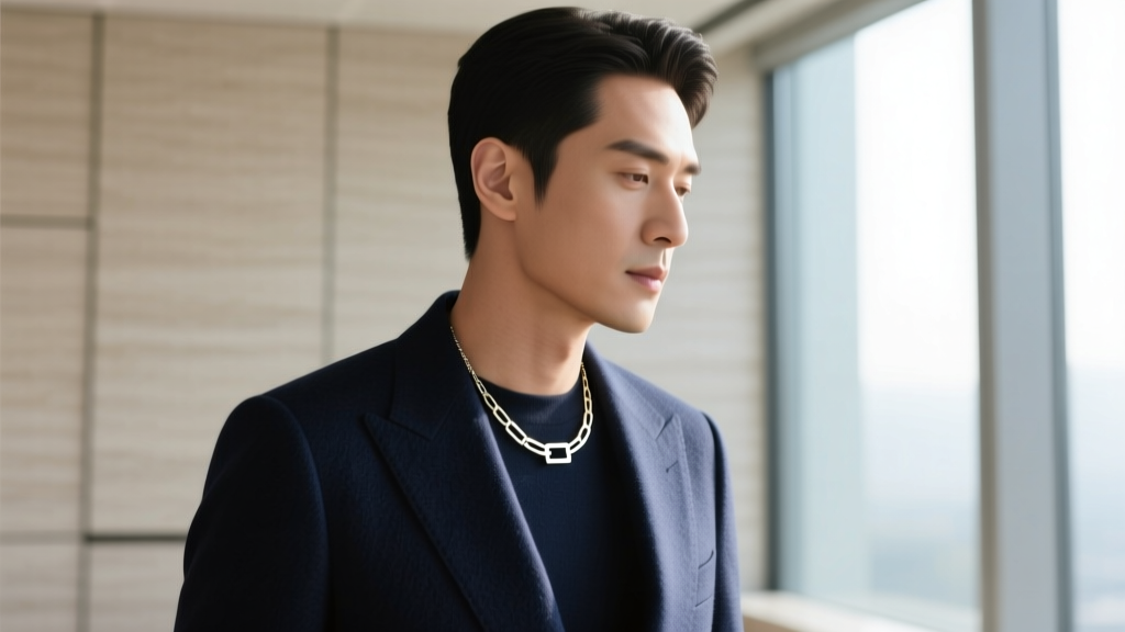 A man in a tailored navy suit wearing a subtle 2mm white gold box chain necklace, soft natural window lighting, elegant mood.
