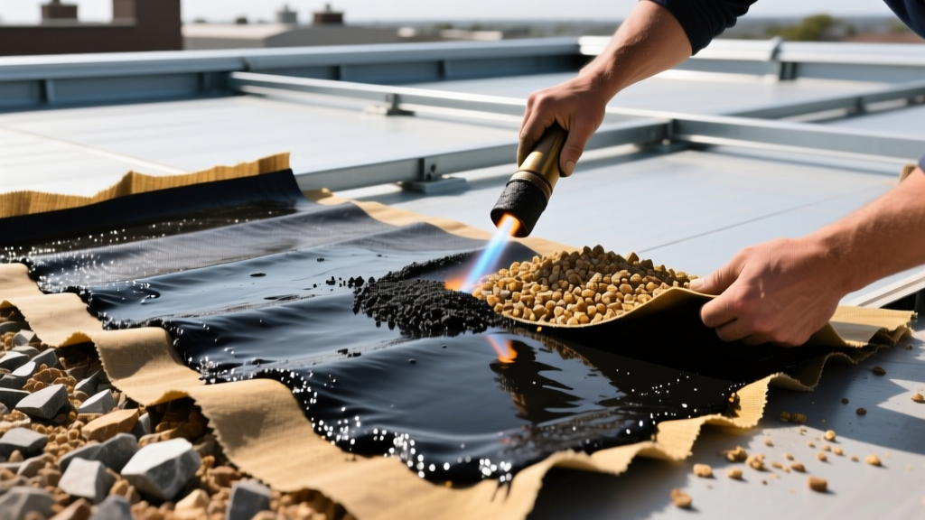 Close-up of a multi-ply built up roofing membrane being installed with hot asphalt and gravel surfacing on a flat commercial roof deck