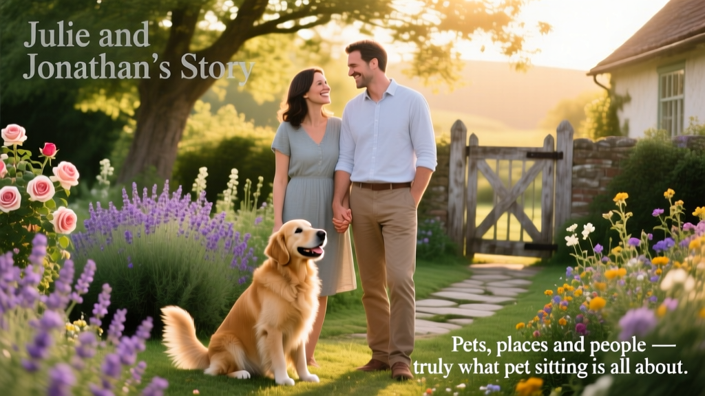 Julie and Jonathan smiling warmly with a golden retriever in a sunlit garden