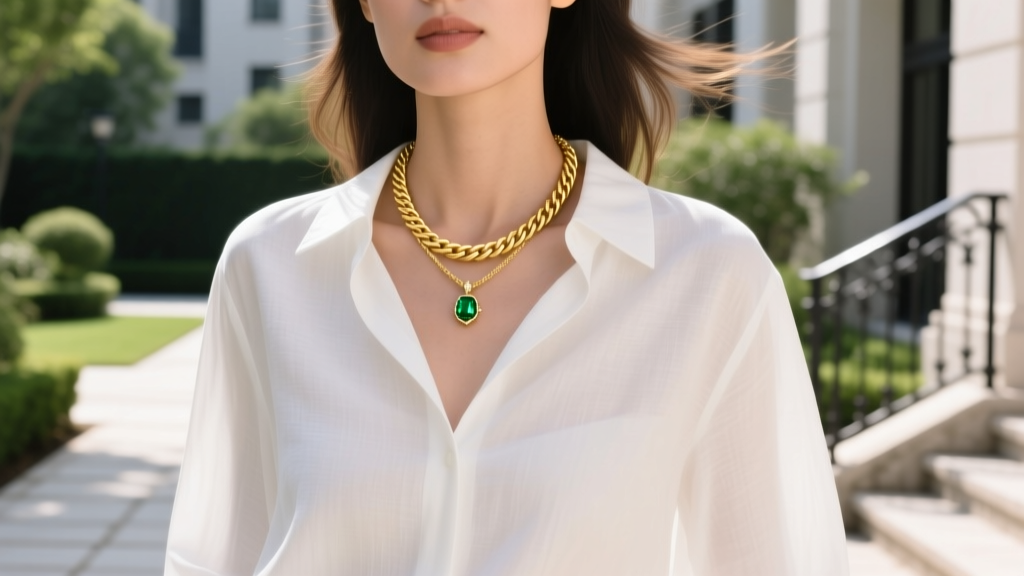 Woman wearing a layered 14k gold rope chain and delicate emerald solitaire pendant against a crisp white linen blouse outdoors.