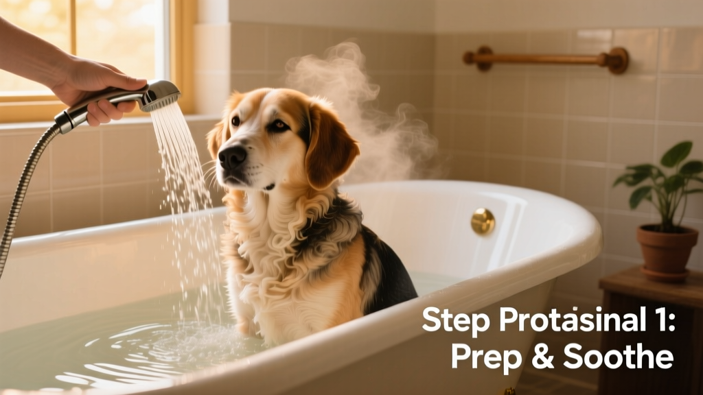 A calm, medium-sized dog sitting comfortably in a bathtub with gentle water running from a handheld sprayer