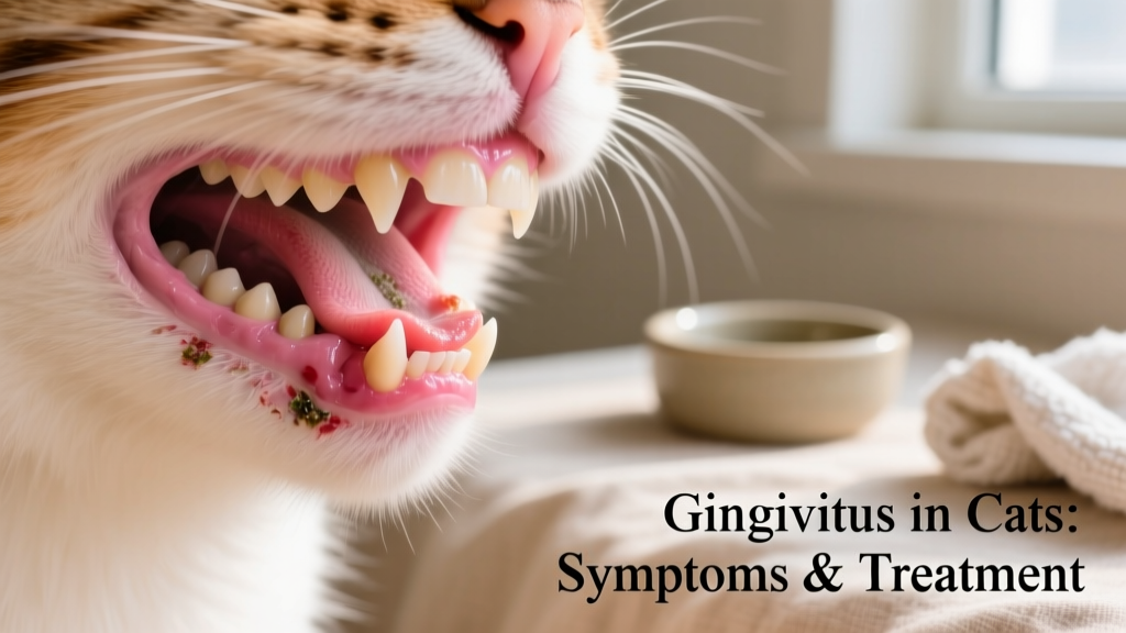 Close-up photo showing healthy pink cat gums next to mildly inflamed, reddened gum tissue along the tooth line