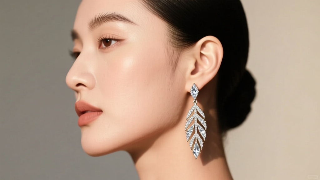 Side profile of a woman with a round face shape wearing elongated diamond leaf drop earrings that elegantly elongate her jawline.