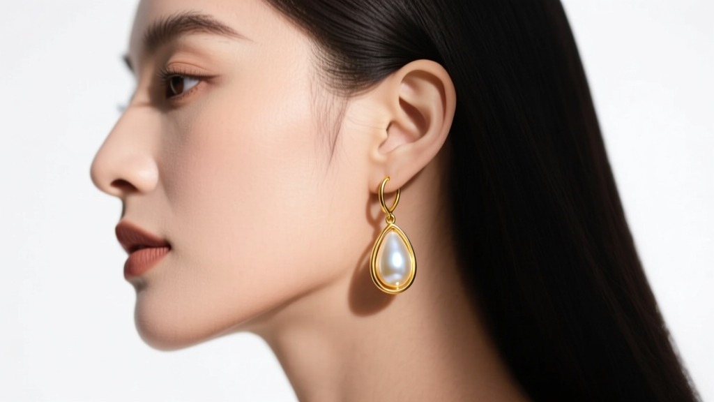 Side profile of a woman wearing 18k yellow gold leverback wire earrings with teardrop pearls, illuminated by soft studio lighting