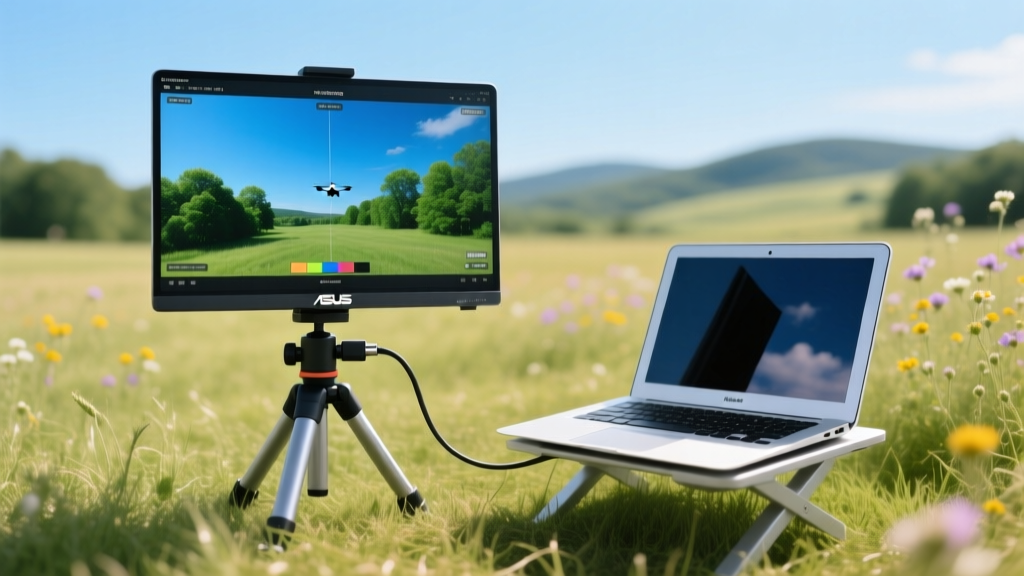 Portable color-calibrated ASUS monitor connected to a MacBook Air for grading D-Log drone footage in a bright outdoor field environment