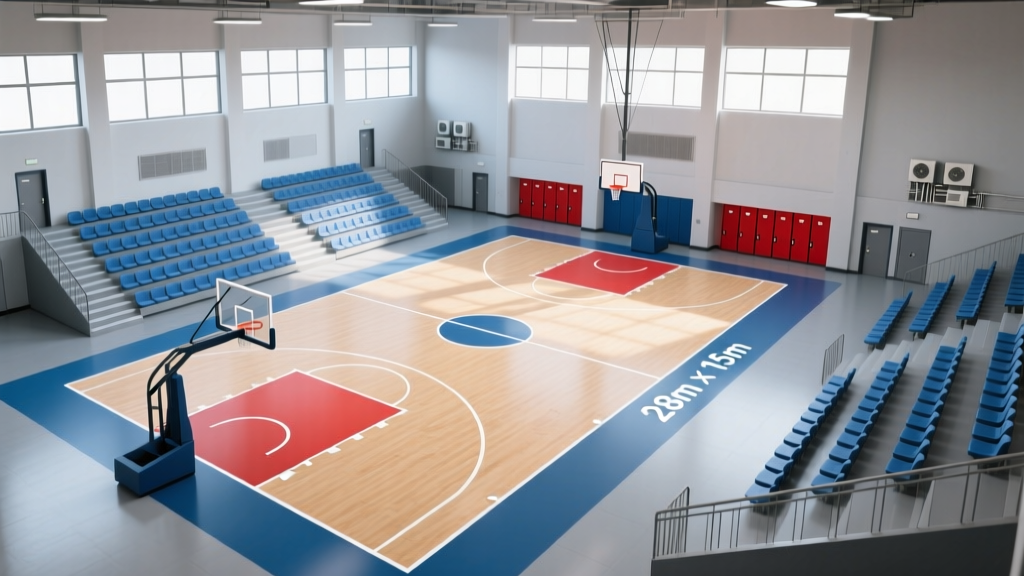 Architectural blueprint rendering of a two-court basketball gymnasium showing floor plan layout with court dimensions, bleacher zones, locker rooms, and mechanical spaces