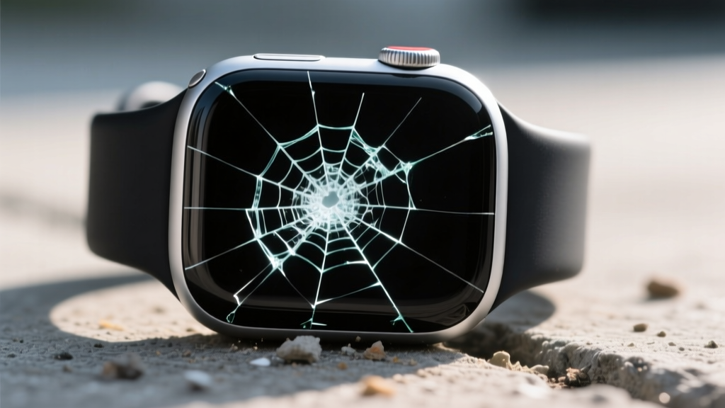 Close-up of an Apple Watch Series 10 Ion-X glass screen showing a spiderweb fracture pattern after a 1.2-meter drop onto concrete pavement