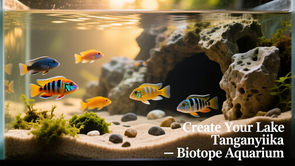 A well-arranged Tanganyika biotope tank with layered sand, limestone rocks, and active cichlids swimming near rocky caves