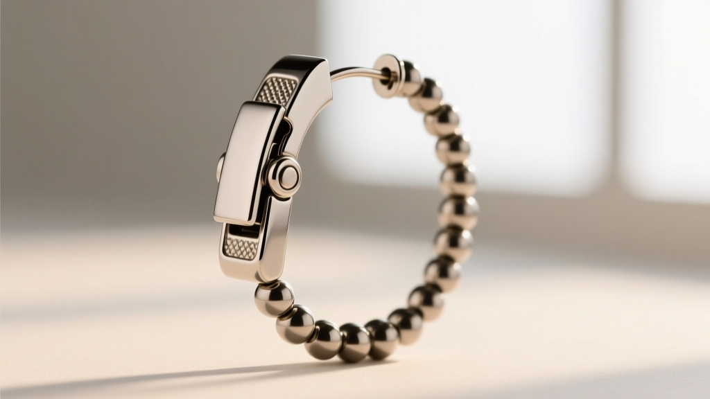 Macro shot of a hinged clicker clasp on a 16-gauge titanium beaded hoop earring, highlighting the secure locking mechanism.