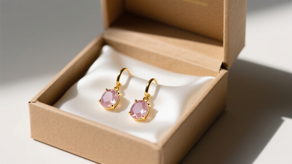 Elegant kraft paper jewelry box opened to reveal handmade rose quartz and gold-filled dangle earrings resting on white silk.