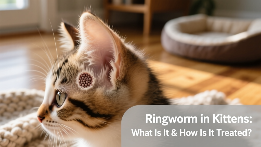 Close-up of a kitten’s ear showing circular, scaly patch of hair loss—classic early sign of ringworm