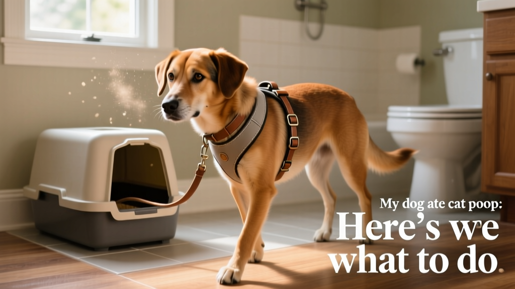 A dog calmly walking past a closed litter box while wearing a training harness