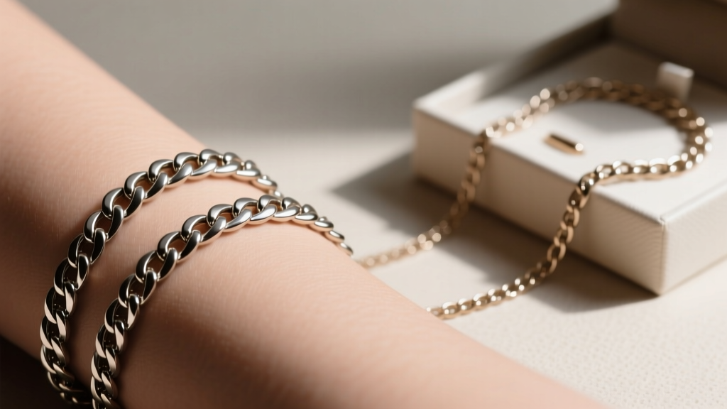 Macro shot of a herringbone chain on skin, contrasting with a box chain to show structural articulation and drape differences