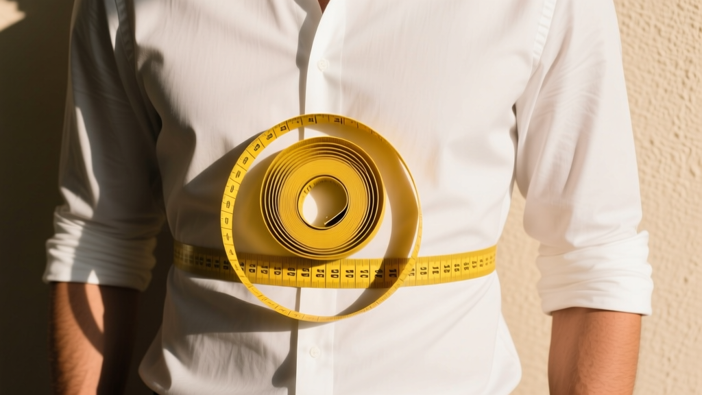 Overhead shot of a yellow tailor measuring tape wrapped snugly around a man's neck base to determine exact necklace lengths for men