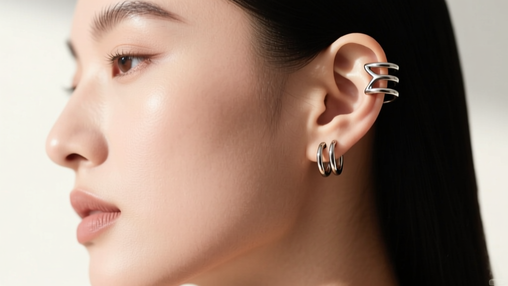 Side profile of a model wearing a 16-gauge titanium triple-connector ear cuff on the helix, demonstrating a proper ergonomic curve