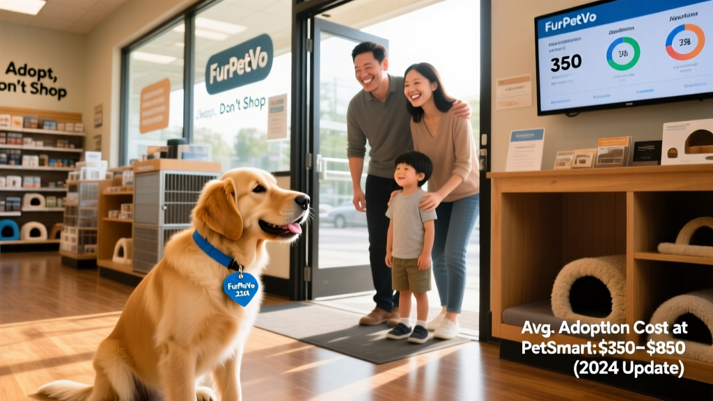 A friendly dog meeting a family inside a FurPetVo store during an adoption event